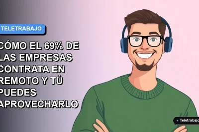 Ilustración vectorial plana de un trabajador remoto masculino con suéter verde, sonriendo, sobre un fondo degradado azul y lila. Espacio negativo a la izquierda.