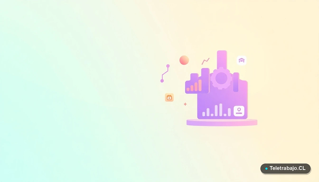 Elementos de interfaz de usuario abstractos y modernos, como gráficos y engranajes flotantes en colores lavanda y durazno, sobre fondo degradado de menta.