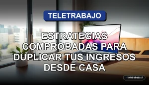 Oficina en casa moderna y elegante para teletrabajo en Chile, con laptop y gráficos abstractos en pantalla.