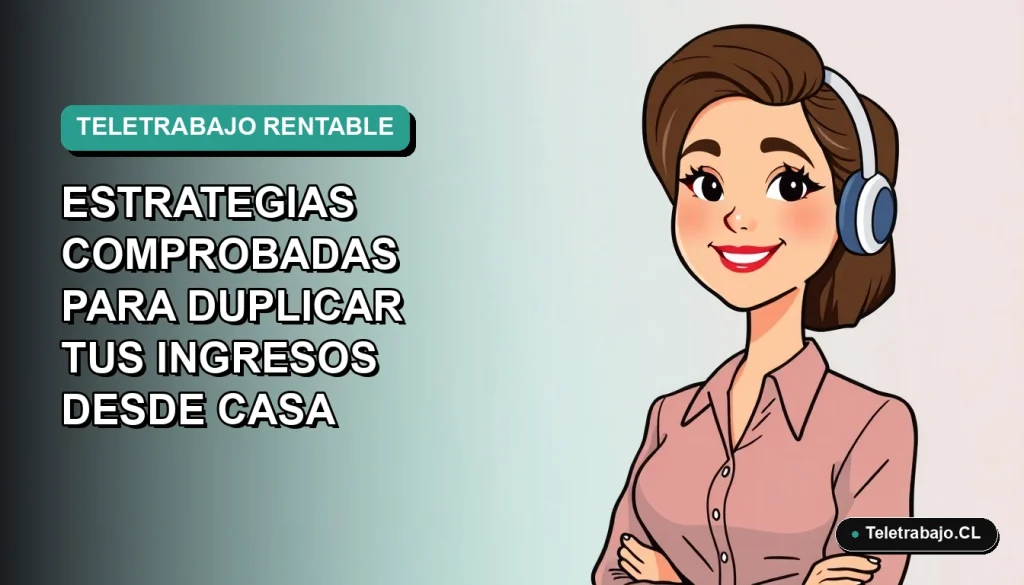 Ilustración plana vectorial de mujer profesional chilena trabajando desde casa en 2026, con fondo degradado azul verdoso. Representa el teletrabajo y crecimiento de ingresos.