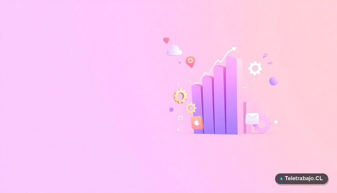 Elementos de interfaz de usuario abstractos y modernos: gráficos, engranajes y carpetas flotantes, sobre fondo degradado lila. Concepto de productividad y tecnología para el teletrabajo.