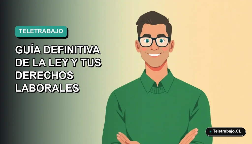 Ilustración vectorial plana de un trabajador remoto hombre con suéter verde, sobre un fondo degradado azul y verde. Representa la nueva ley de teletrabajo en Chile 2026.