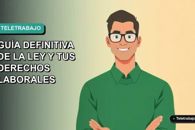 Ilustración vectorial plana de un trabajador remoto hombre con suéter verde, sobre un fondo degradado azul y verde. Representa la nueva ley de teletrabajo en Chile 2026.