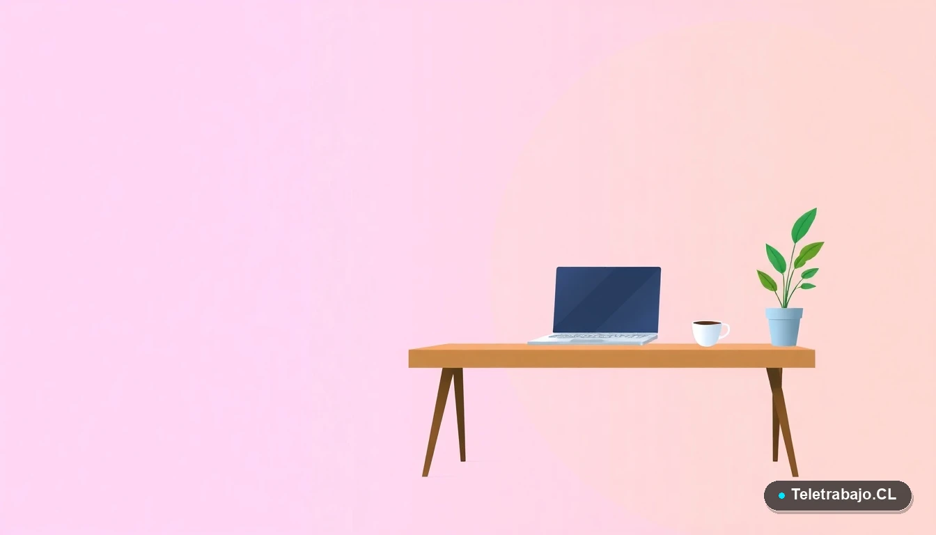 Escritorio moderno para teletrabajo con laptop, café y planta, en estilo de ilustración vectorial plana sobre fondo degradado lila y durazno. Concepto de espacio de trabajo remoto en casa.