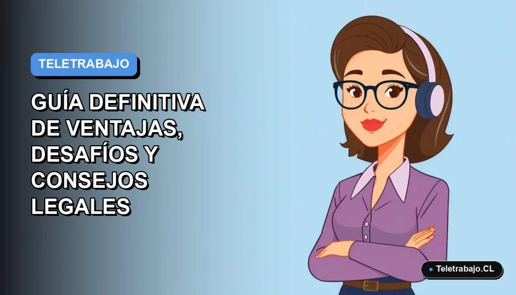 Ilustración vectorial plana de una mujer profesional chilena trabajando en teletrabajo desde su casa, con un fondo degradado azul moderno y espacio negativo.