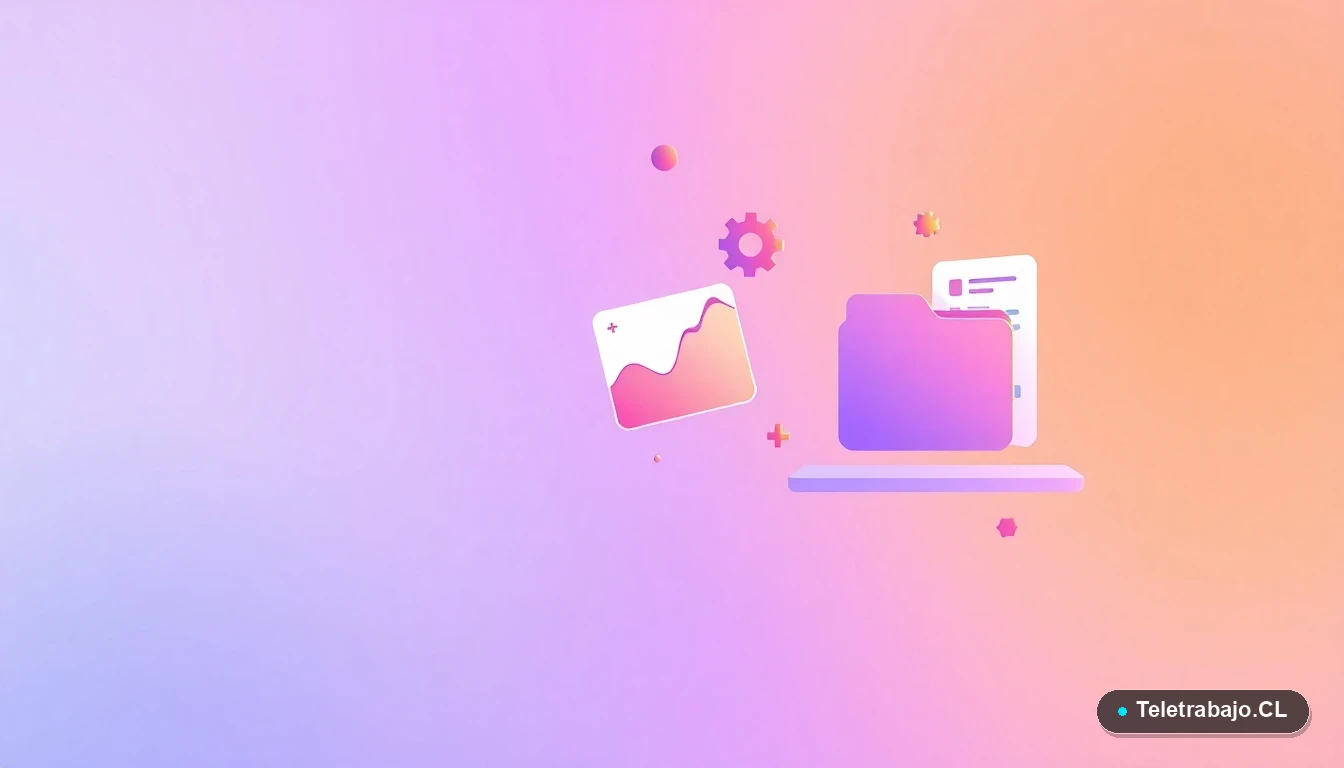 Elementos de interfaz de usuario abstractos y modernos, como gráficos y engranajes flotantes, representando el teletrabajo y la productividad digital.