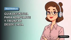 Ilustración plana corporativa de una mujer profesional chilena trabajando desde casa en 2026, con fondo degradado azul.
