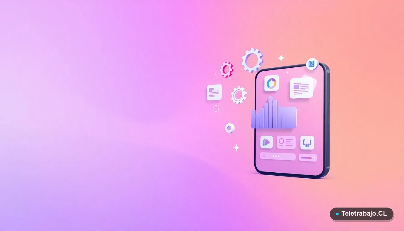 Elementos de interfaz de usuario abstractos y modernos, como gráficos y engranajes flotantes, representando el teletrabajo digital.