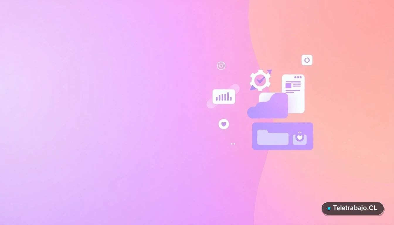 Elementos de interfaz de usuario abstractos y minimalistas, gráficos y engranajes flotantes en estilo vectorial plano, fondo degradado lila y melocotón, representando herramientas de productividad digital.