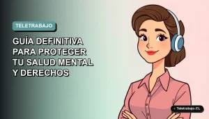 Ilustración vectorial plana de una mujer profesional chilena trabajando remotamente desde su casa, con expresión tranquila y fondo degradado suave.