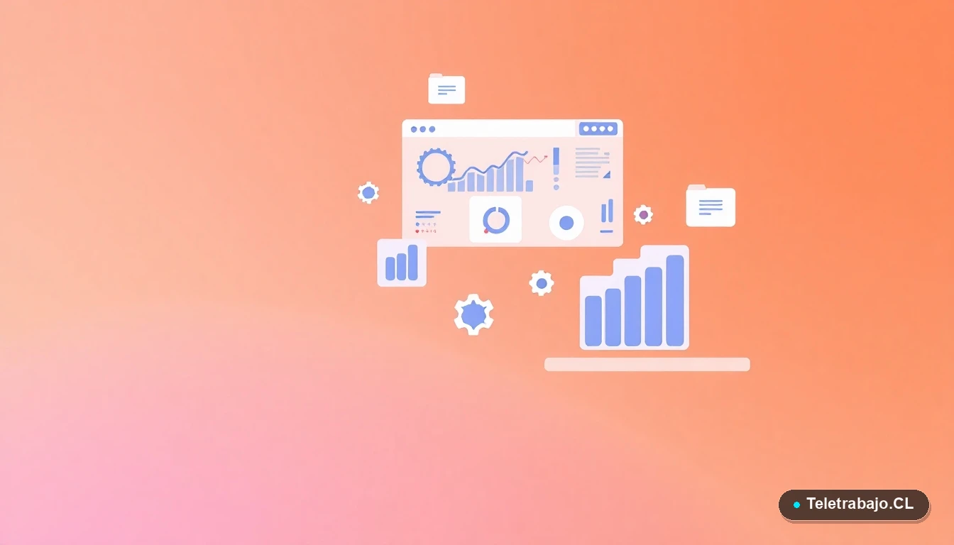 Elementos de interfaz de usuario abstractos y minimalistas, gráficos y engranajes flotantes sobre fondo con gradiente melocotón, representando productividad digital para el teletrabajo.