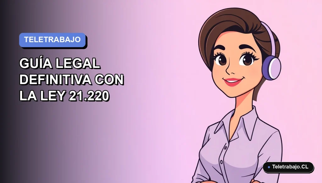 Ilustración vectorial plana de una mujer profesional chilena trabajando remotamente, con fondo degradado azul y naranja. Representa la Ley del Teletrabajo 21.220.