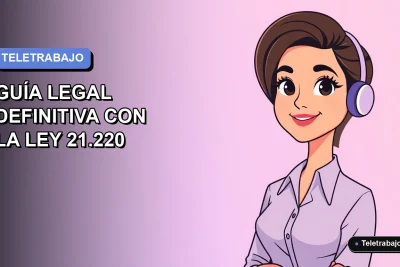 Ilustración vectorial plana de una mujer profesional chilena trabajando remotamente, con fondo degradado azul y naranja. Representa la Ley del Teletrabajo 21.220.