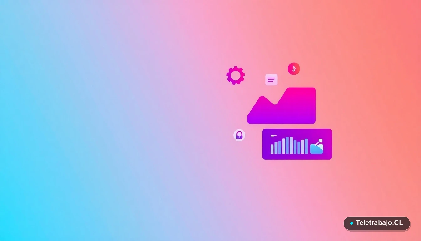 Elementos abstractos de interfaz de usuario tecnológica, como gráficos y engranajes flotantes, en estilo de ilustración vectorial plana. Concepto visual para la guía legal de teletrabajo en Chile.