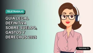 Ilustración vectorial plana de una mujer chilena trabajando remotamente en teletrabajo, con fondo degradado azul verdoso. Representa derechos laborales y guía legal para 2026.