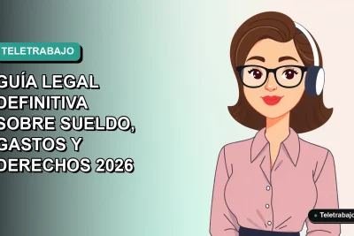 Ilustración vectorial plana de una mujer chilena trabajando remotamente en teletrabajo, con fondo degradado azul verdoso. Representa derechos laborales y guía legal para 2026.
