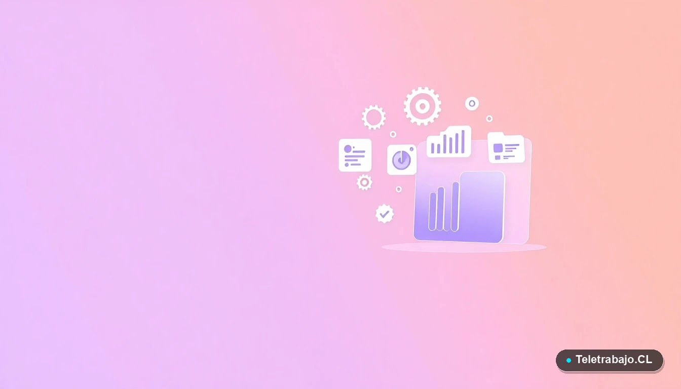 Elementos de interfaz de usuario abstractos y modernos, como gráficos flotantes, engranajes y carpetas, sobre fondo degradado lila. Representa conceptos de tecnología y gestión del teletrabajo.