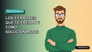 Ilustración vectorial plana de un trabajador remoto masculino con suéter verde, sobre fondo degradado azul verdoso. Espacio negativo a la izquierda. Estilo Corporate Memphis.