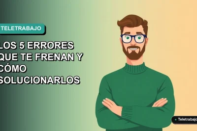 Ilustración vectorial plana de un trabajador remoto masculino con suéter verde, sobre fondo degradado azul verdoso. Espacio negativo a la izquierda. Estilo Corporate Memphis.