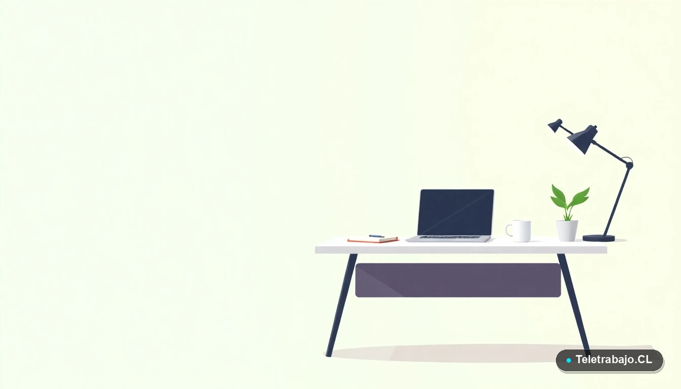 Escritorio moderno minimalista para teletrabajo con laptop, café y planta, en estilo de ilustración vectorial plana sobre fondo degradado verde menta.
