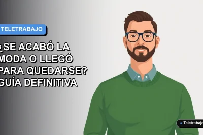 Ilustración plana corporativa de un trabajador remoto masculino en estilo moderno, sobre un fondo degradado azul y gris.
