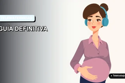 Ilustración plana de mujer embarazada trabajando desde casa en estilo corporativo moderno, fondo degradado azul claro.