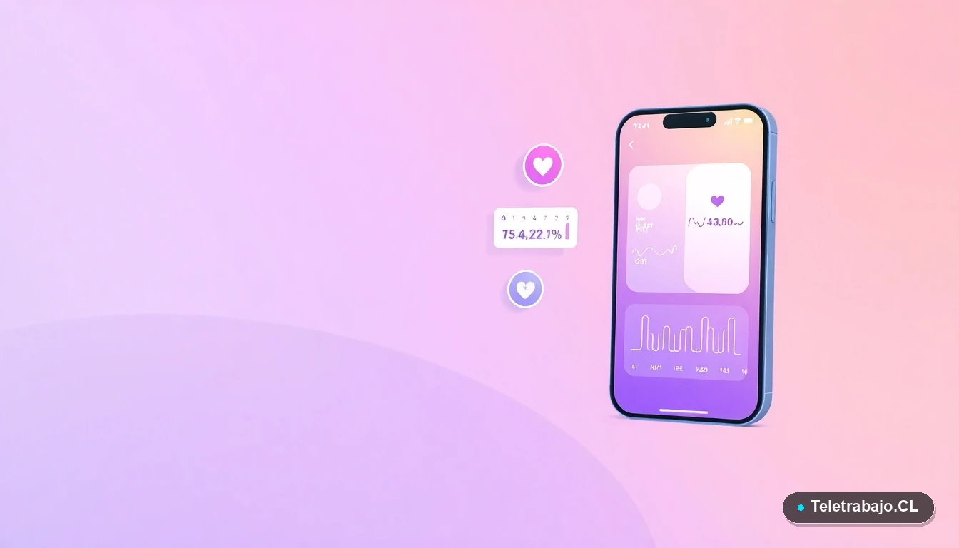 Elementos de interfaz de usuario abstractos como gráficos y calendarios flotantes, representando herramientas digitales para el seguimiento del embarazo y teletrabajo.