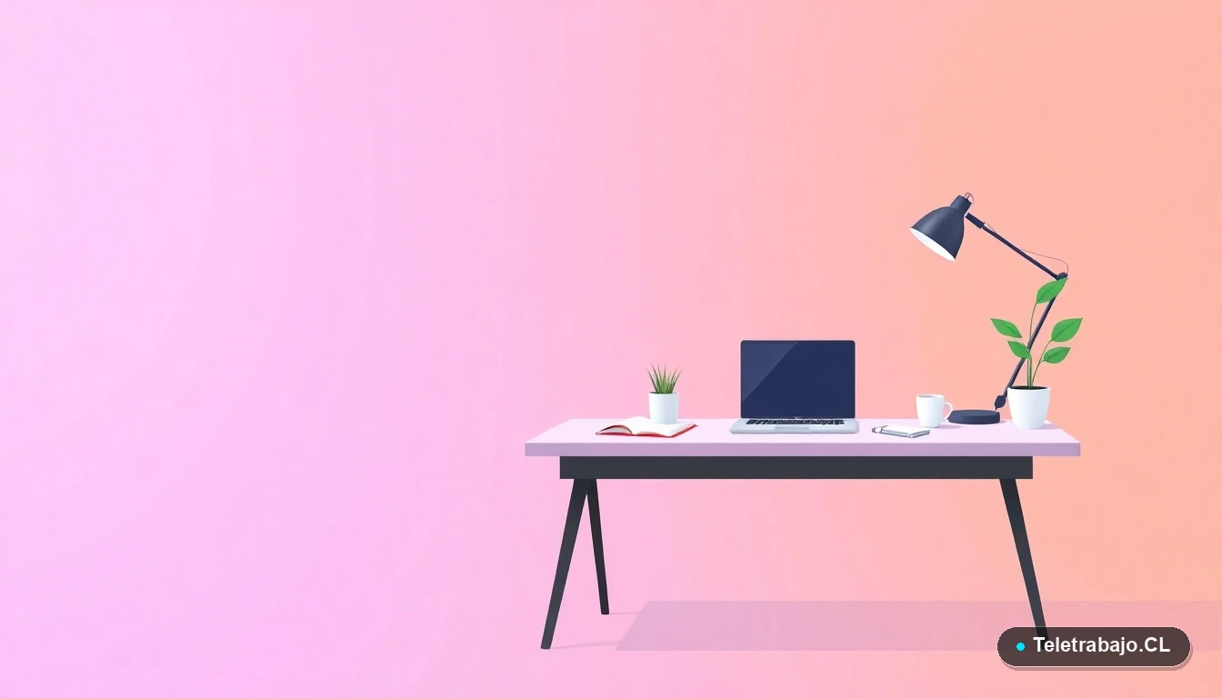 Escritorio moderno minimalista para teletrabajo con laptop, café y planta, sobre fondo de gradiente lavanda, concepto de trabajo remoto.