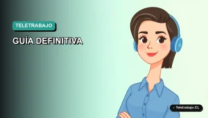 Ilustración plana corporativa de una mujer chilena trabajando en teletrabajo internacional, fondo degradado azul verdoso.