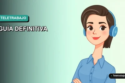 Ilustración plana corporativa de una mujer chilena trabajando en teletrabajo internacional, fondo degradado azul verdoso.