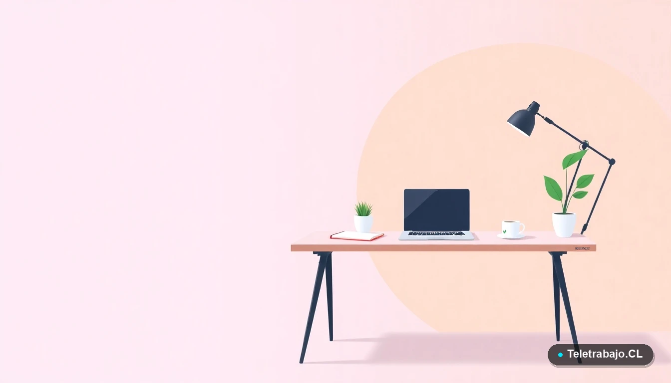 Escritorio moderno minimalista para teletrabajo con laptop, cuaderno y café, ilustración plana con fondo degradado lila y durazno.