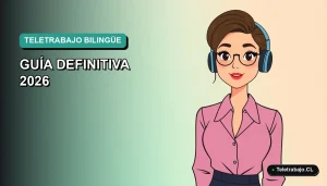 Ilustración plana vectorial de una mujer profesional hispana trabajando de forma remota en su computador, con fondo degradado azul verdoso.