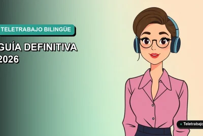 Ilustración plana vectorial de una mujer profesional hispana trabajando de forma remota en su computador, con fondo degradado azul verdoso.