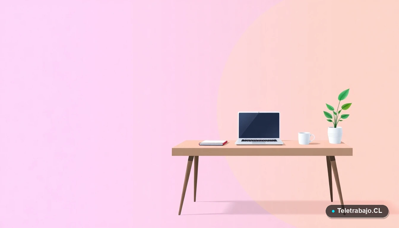 Escritorio moderno minimalista para teletrabajo con laptop, cuaderno, taza de café y planta, sobre fondo degradado lavanda.