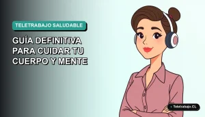 Ilustración plana vectorial de una mujer profesional chilena trabajando remotamente en 2026, con fondo degradado azul verdoso.