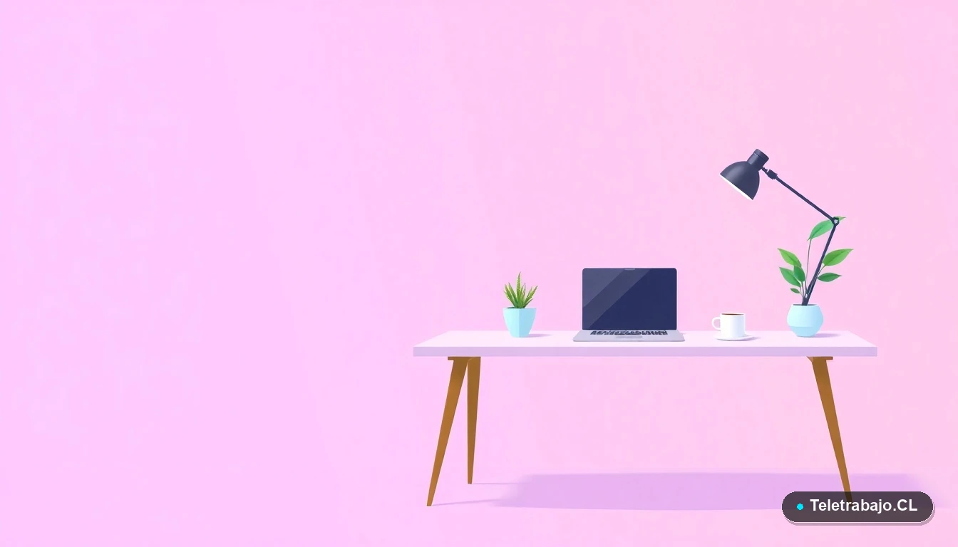 Escritorio moderno minimalista para teletrabajo, con laptop, café y planta, ilustración plana con fondo degradado lila.