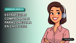 Ilustración plana corporativa de mujer chilena teletrabajando sonriendo, con fondo gradiente suave azul verdoso, concepto de conexión y bienestar laboral 2026.