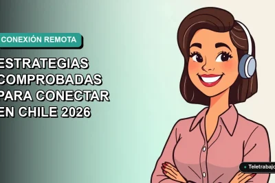 Ilustración plana corporativa de mujer chilena teletrabajando sonriendo, con fondo gradiente suave azul verdoso, concepto de conexión y bienestar laboral 2026.