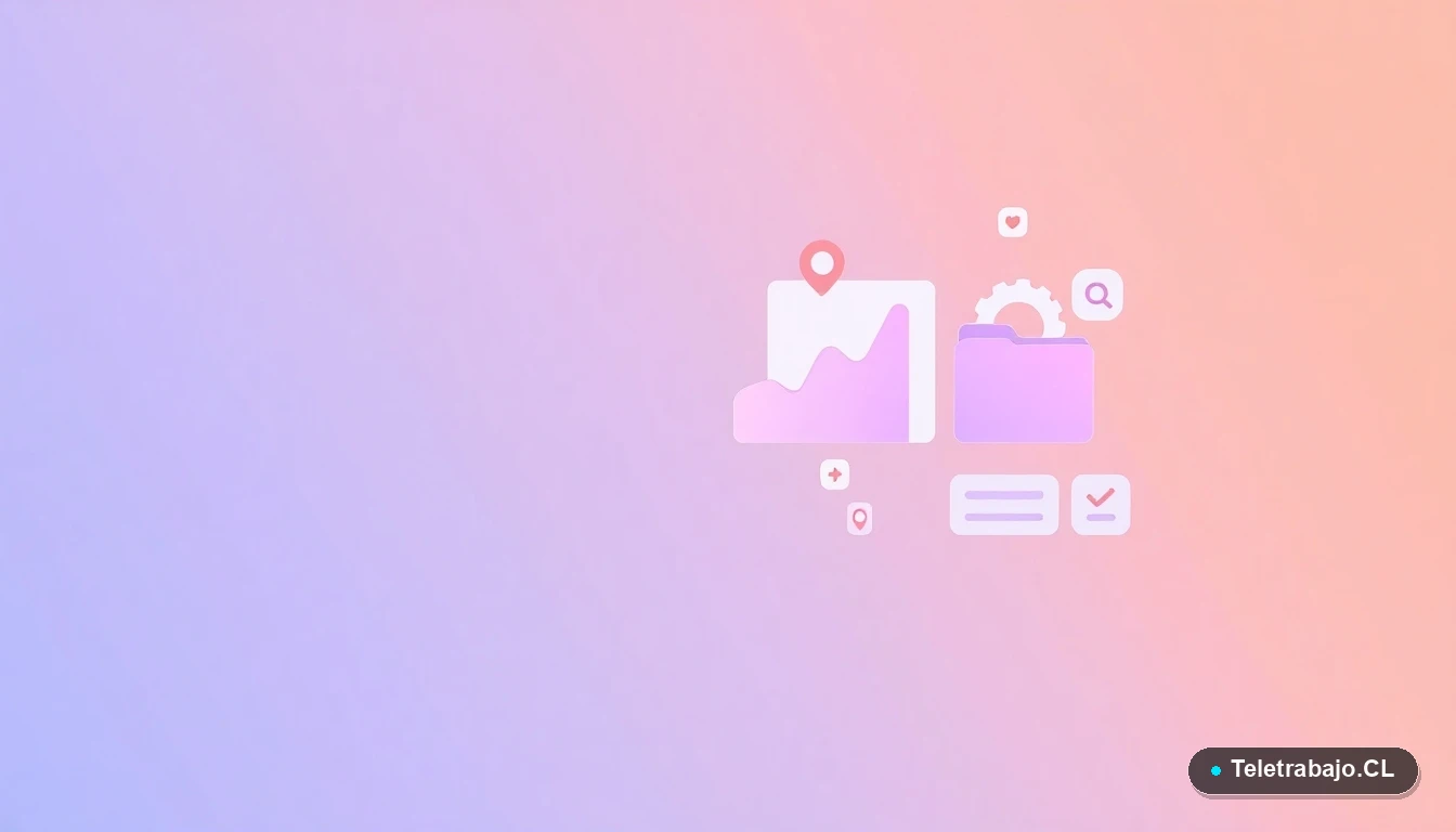 Composición abstracta de elementos de UI digital, gráficos y engranajes flotantes en estilo ilustración plana, representando tecnología y conexión para el teletrabajo.