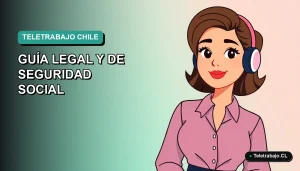 Ilustración vectorial plana de una mujer profesional chilena trabajando en teletrabajo transfronterizo, con fondo degradado azul verdoso.