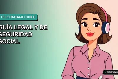 Ilustración vectorial plana de una mujer profesional chilena trabajando en teletrabajo transfronterizo, con fondo degradado azul verdoso.