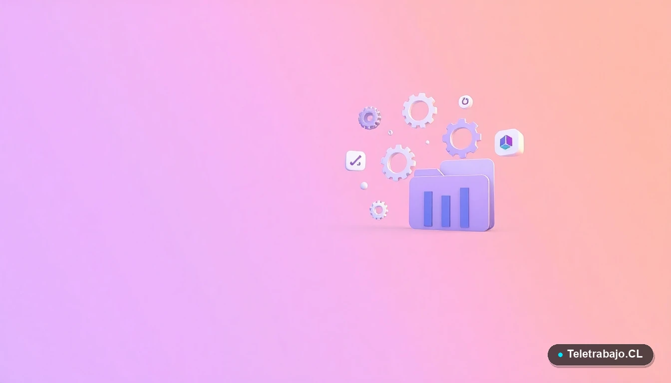 Elementos de interfaz de usuario abstractos y modernos como gráficos y engranajes, representando conceptos de teletrabajo y tecnología, con fondo degradado lila.