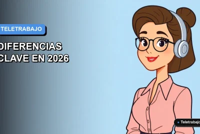 Ilustración plana corporativa de una mujer profesional trabajando de forma remota, con fondo degradado azul y espacio negativo.
