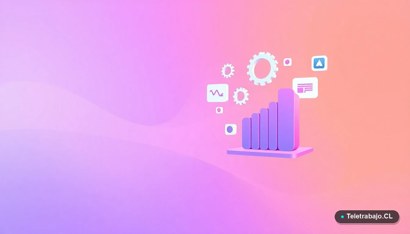 Composición abstracta de interfaz de usuario con gráficos y iconos flotantes, ilustración plana con fondo degradado lavanda y durazno.