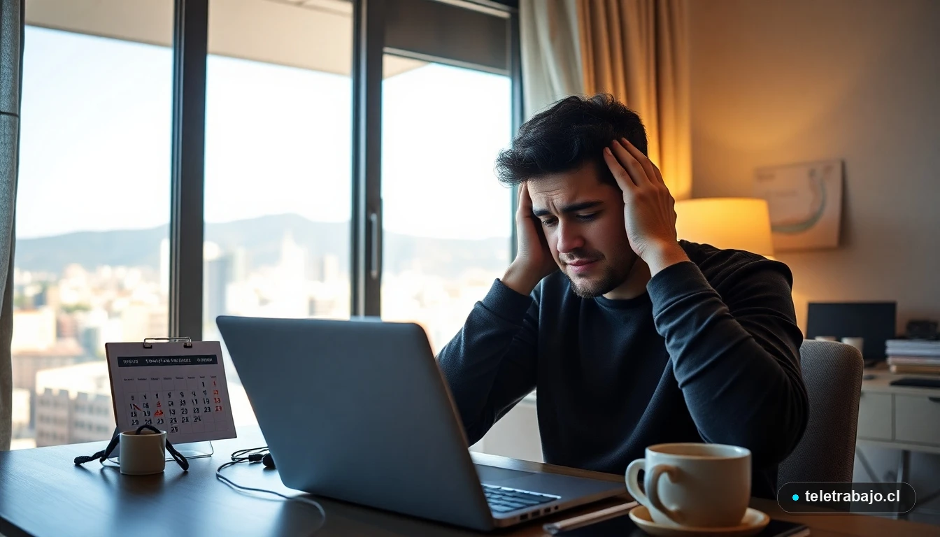 Persona con agotamiento por teletrabajo (burnout) en una oficina en casa en Chile, mirando agotada su laptop.