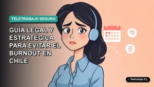Ilustración plana corporativa de mujer profesional con expresión de agotamiento frente a elementos digitales, sobre fondo gradiente azul verdoso, representando el estrés del teletrabajo.