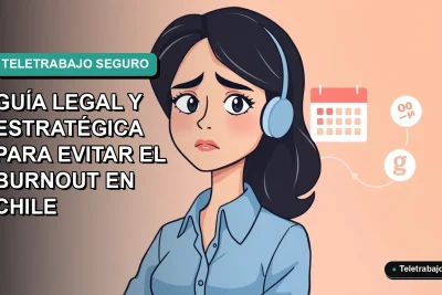 Ilustración plana corporativa de mujer profesional con expresión de agotamiento frente a elementos digitales, sobre fondo gradiente azul verdoso, representando el estrés del teletrabajo.