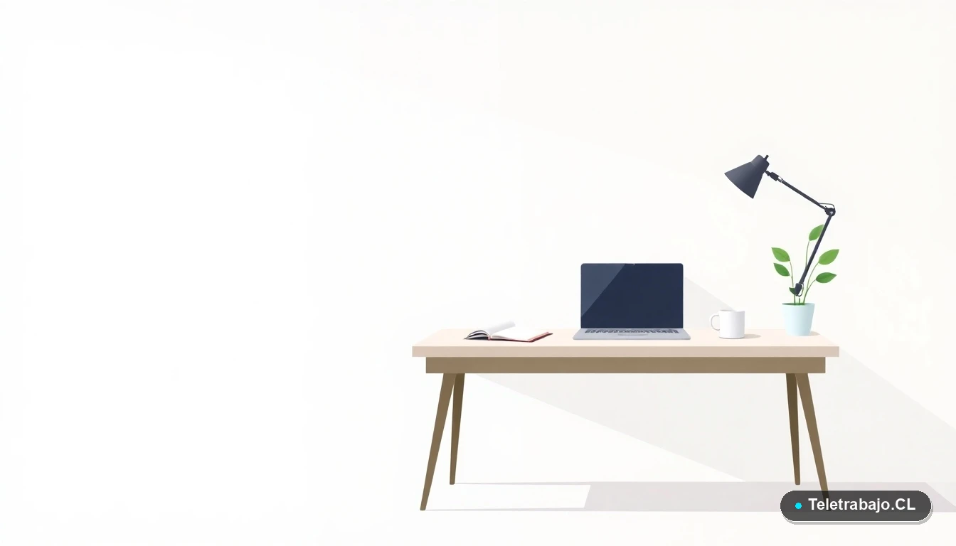 Escritorio moderno para teletrabajo con laptop, cuaderno, café y planta, ilustración plana sobre fondo gradiente fresco, representando un espacio de trabajo ordenado y saludable.