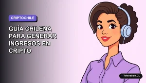 Ilustración plana vectorial de una mujer chilena trabajando en teletrabajo con gráficos de Bitcoin al fondo, estilo corporativo moderno, fondo degradado lavanda.
