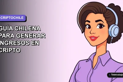 Ilustración plana vectorial de una mujer chilena trabajando en teletrabajo con gráficos de Bitcoin al fondo, estilo corporativo moderno, fondo degradado lavanda.